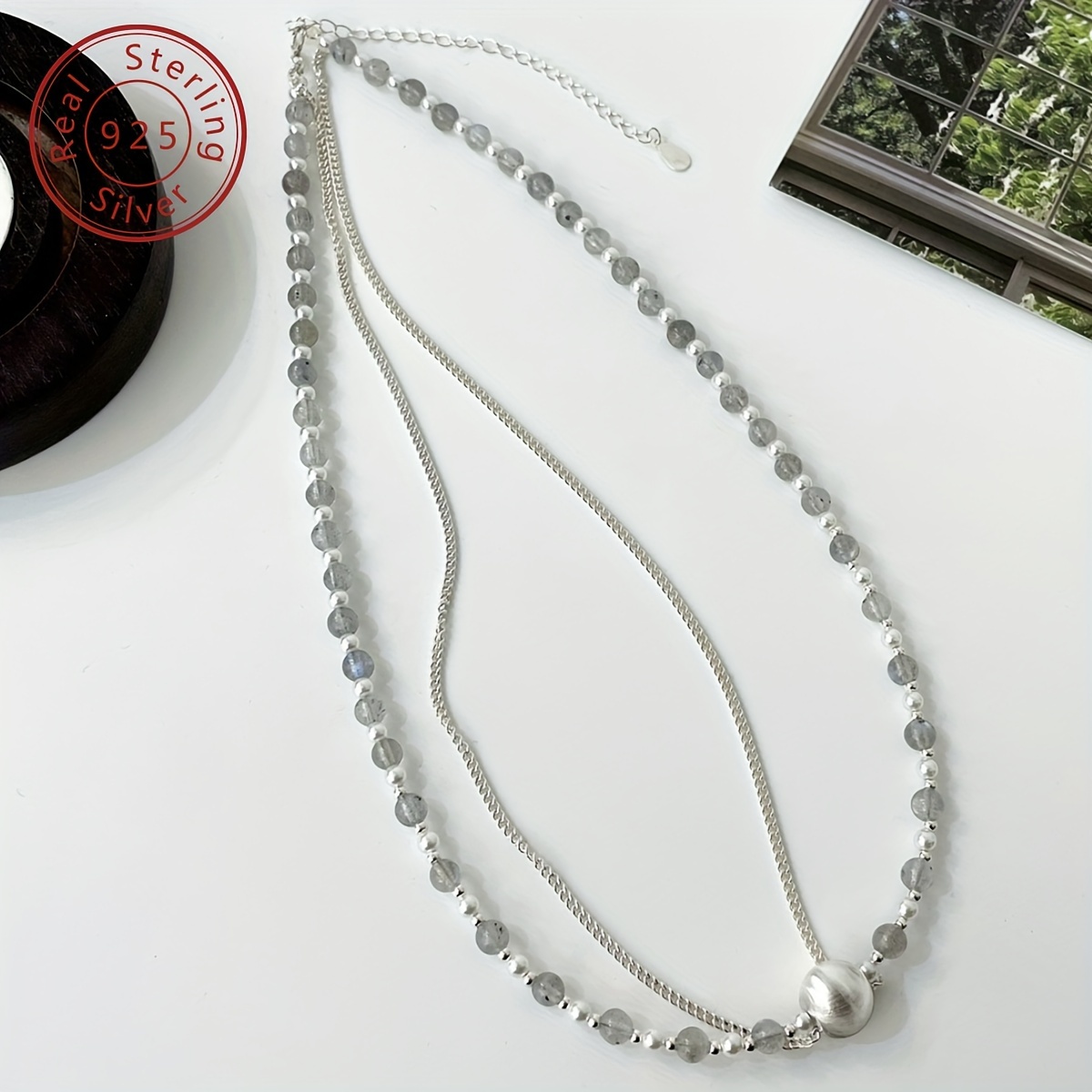 925 Sterling Silver Elongated Lime Moonlight Bead Necklace